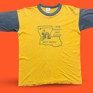 Vintage 70s 3D‎ Emblem 1978 Shreveport Motocross Ringer Tee Dusty Wheels